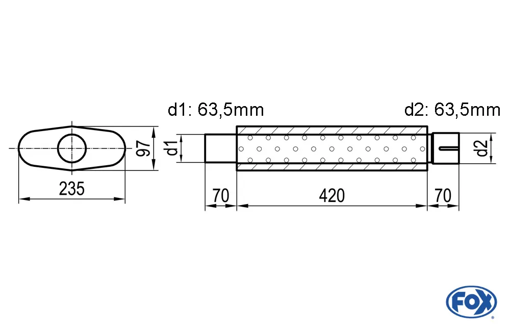 Uni-Schalldämpfer oval mit Stutzen - Abwicklung 558  235x97mm, d1Ø 63,5mm  d2Ø 64mm, Länge: 420mm
