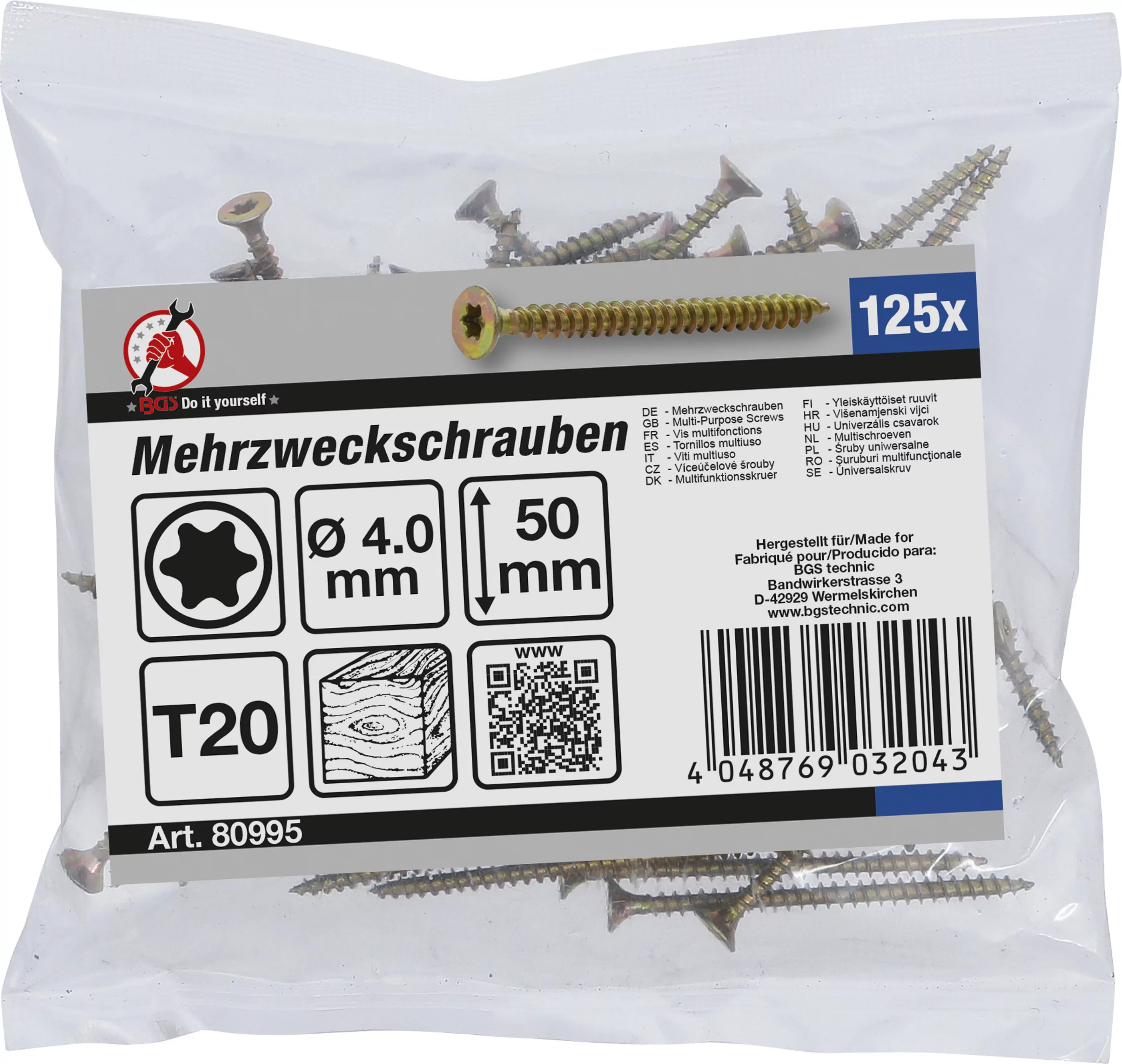 Mehrzweckschrauben | T-Profil (für Torx) T20 | 4,0 x 50 mm | 125 Stück