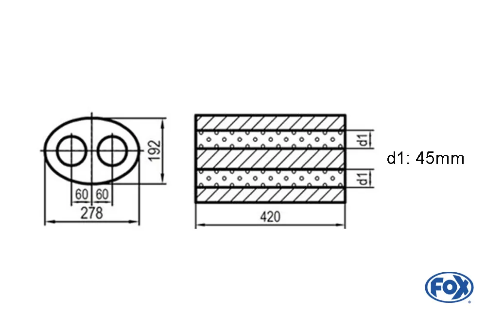 Uni-Schalldämpfer oval zweiflutig - Abwicklung 754  278x192mm, d1Ø 45mm, Länge: 420mm