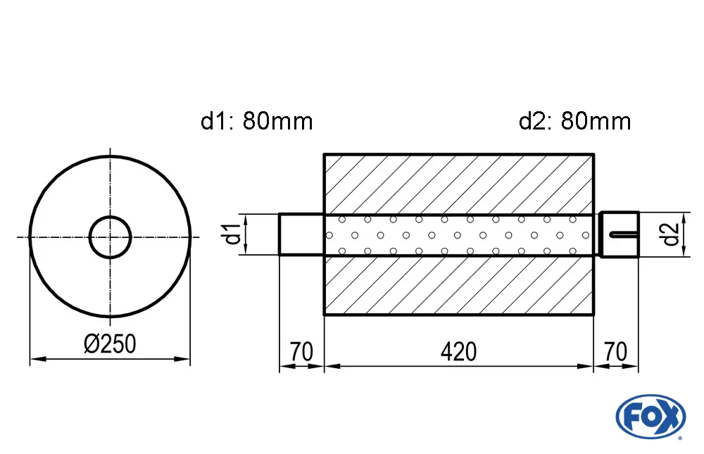 Uni-Schalldämpfer rund mit Stutzen - Abwicklung 784 Ø 250mm, d1: 80mm, d2: 80mm innen - Länge: 420mm -Ø250mm