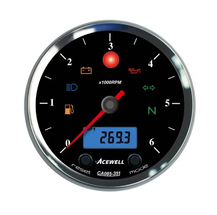 Acewell | Analog Dzm 6000rpm | Digital Tacho | Ring Chrom | Zifferblatt Schwarz | Gehäuse Schwarz