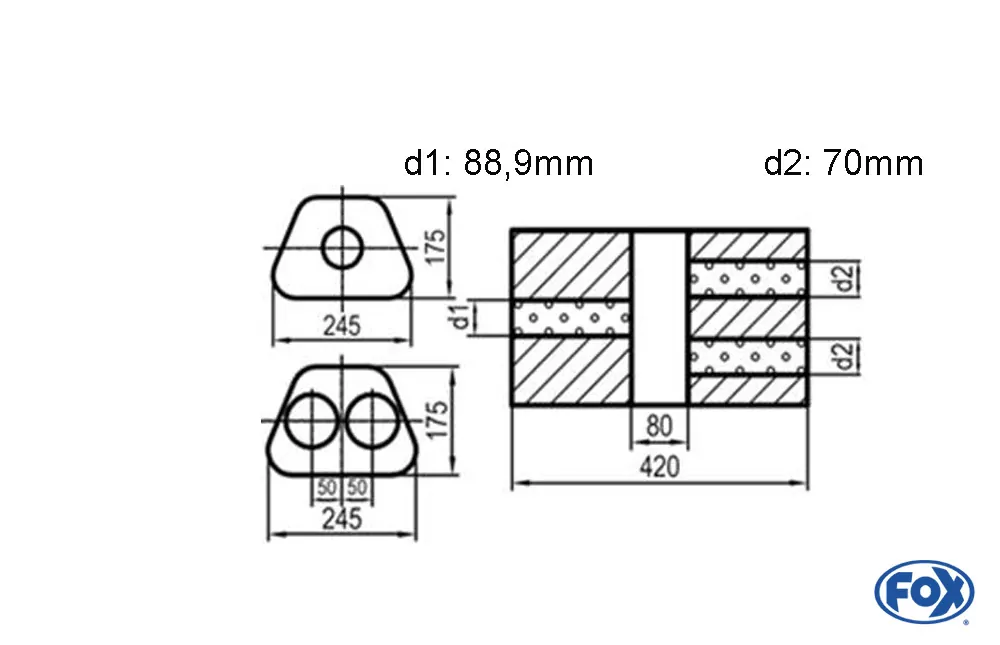 Uni-Schalldämpfer Trapezoid zweiflutig mit Kammer - Abw. 711  245x175mm, d1Ø 88,9mm  d2Ø 70mm, Länge: 420mm - Variante 2