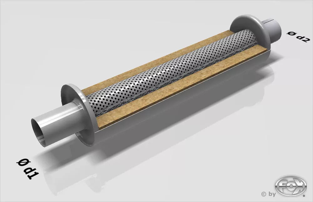 Uni-Schalldämpfer rund mit Stutzen - Abwicklung 355  Ø 114mm, d1Ø 88,9mm  d2Ø 89,4mm, Länge: 420mm