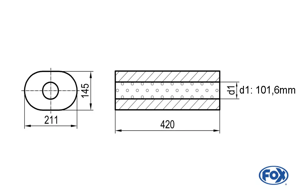 Uni-Schalldämpfer oval ohne Stutzen - Abwicklung 585  211x145mm, d1Ø 101mm, Länge: 420mm