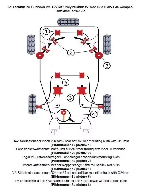 TA Technix PU-Buchsen Kit 32-teilig / Vorderachse+Hinterachse / Vorderachse mit Ø 24mm Stabi / Hinterachse mit Ø 18mm Stabi / passend für BMW 3er Serie E36 Compact