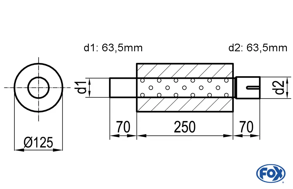 Uni-Schalldämpfer rund mit Stutzen - Abwicklung 390  Ø 125mm, d1Ø 63,5mm  d2Ø 64mm, Länge: 250mm