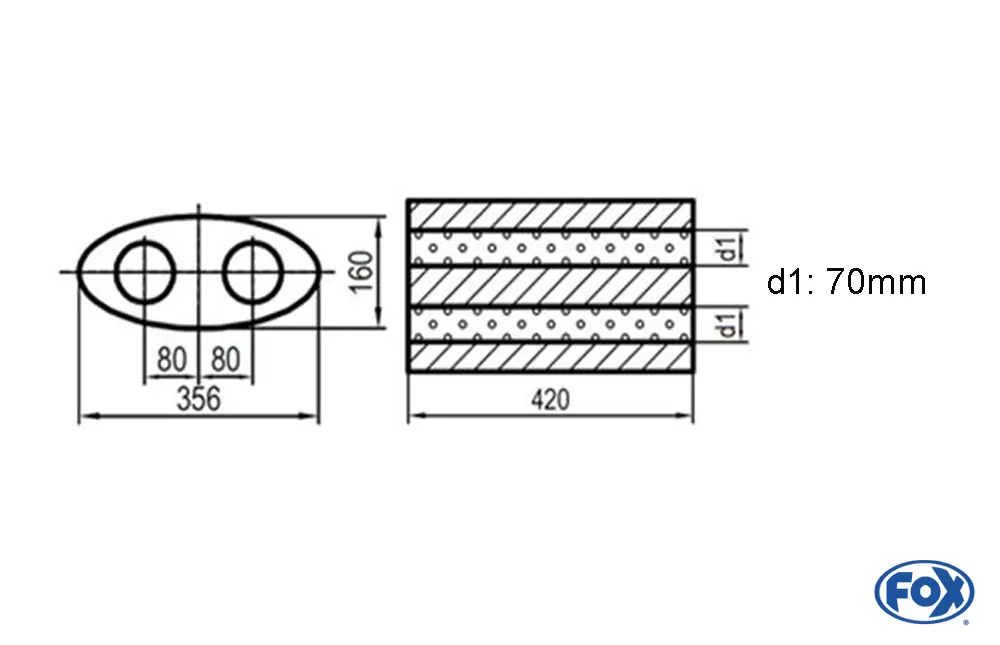 Uni-Schalldämpfer oval zweiflutig - Abwicklung 818  356x160mm, d1Ø 70mm, Länge: 420mm