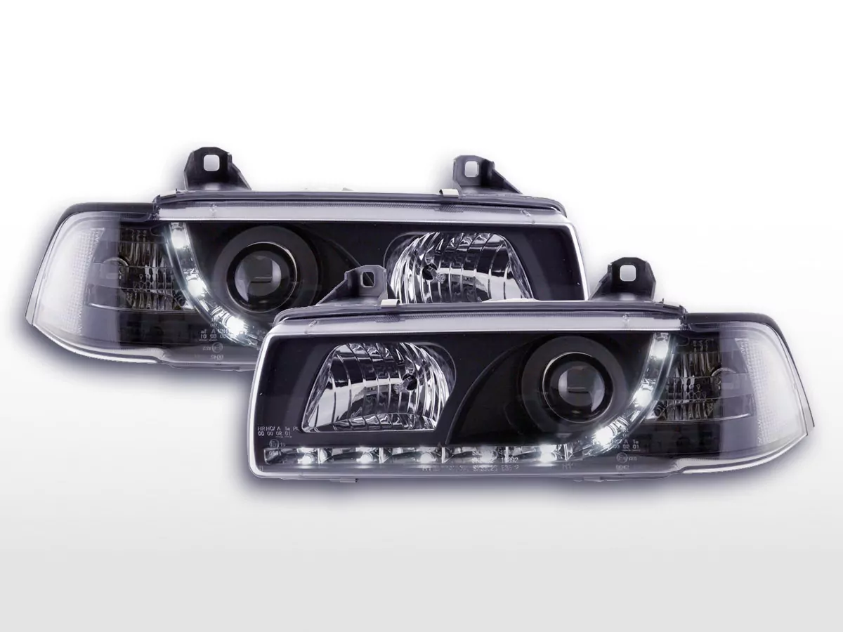 Scheinwerfer Set Daylight LED Tagfahrlicht BMW 3er E36 Limousine Bj. 92-98 schwarz