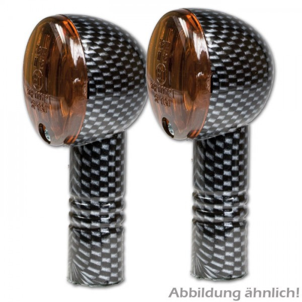 Micro-Flash-Blinker im Carbonlook, kurz, dunkles Glas, 12V/21W Halogen, E-geprüft, M10