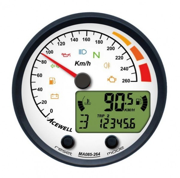 ACEWELL | Analog Tacho 260 Km/h | Digital DZM Ring schwarz | Zifferblatt weiss | Gehäuse schwarz