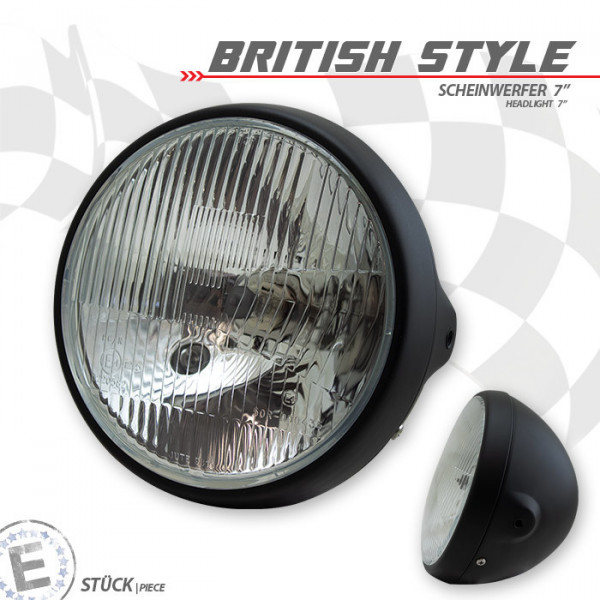 H4-Scheinwerfer "British Style 7" | schwarz M8 seitlich | Streuglas | E-geprüft