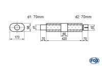 FOX Uni-Schalldämpfer oval aus Edelstahl mit Kammer + Stutzen – 450x173x98mm, 70mm Anschluss, Länge FOX Uni-Schalldämpfer oval aus Edelstahl mit Kammer + Stutzen – 450x173x98mm, 70mm Anschluss, Länge