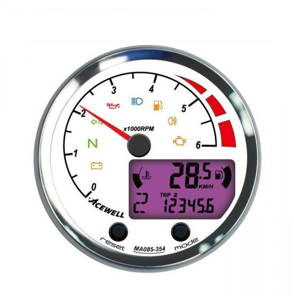ACEWELL Analog DZM 6000rpm & Digital Tacho Ring chrom, Zifferblatt weiss, Gehäuse chrom