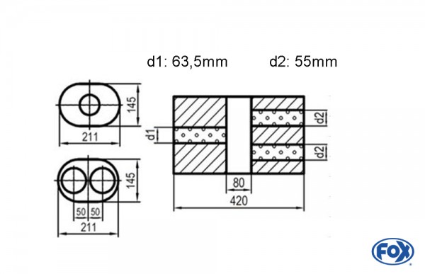 FOX Uni-Schalldämpfer oval zweiflutig mit Kammer – Edelstahl, Länge 420mm