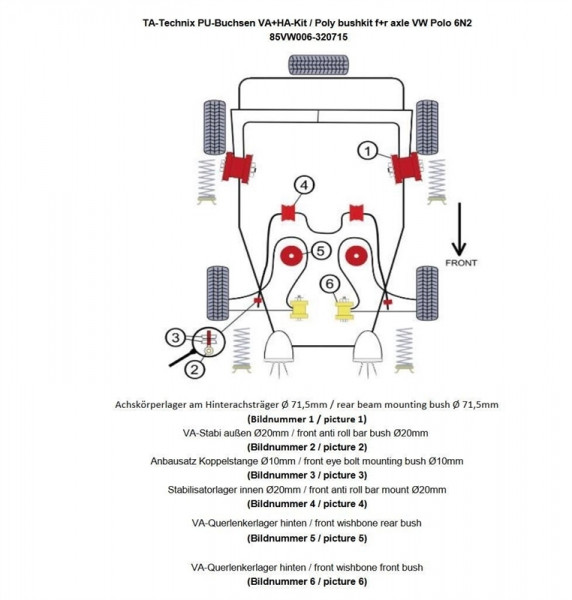 TA Technix PU-Buchsen Kit 30-teilig Vorder- und Hinterachse passend für VW Polo 6N2