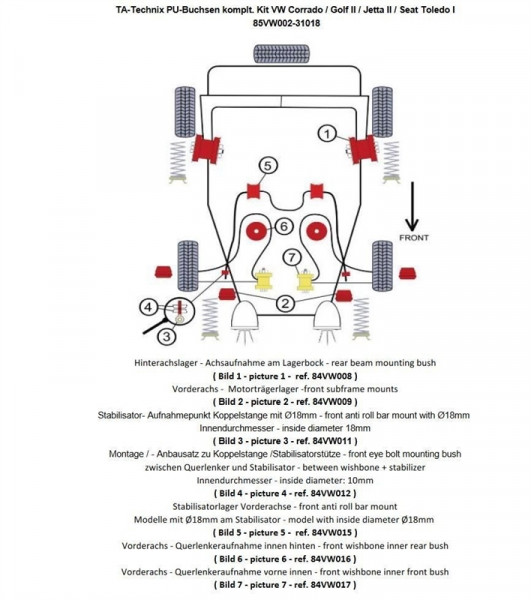 TA Technix PU-Buchsen Kit 24-teilig, VA + HA passend für VW Corrado / Golf II / Jetta II / Seat Tole