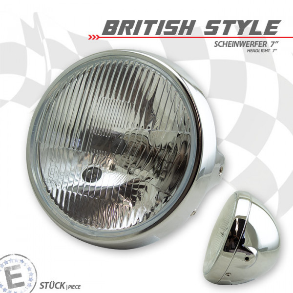 H4-Scheinwerfer "British Style 7" | chrom M8 seitlich | Streuglas | E-geprüft