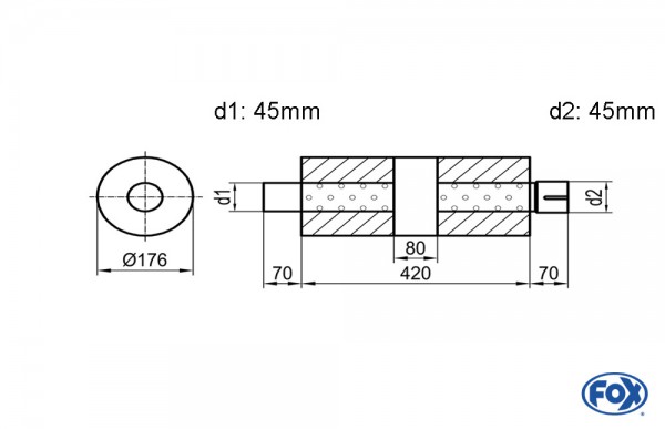Uni-Schalldämpfer rund mit Kammer + Stutzen - Abw. 556 Ø 176mm, d1Ø 45mm (außen), d2Ø 45mm (innen),