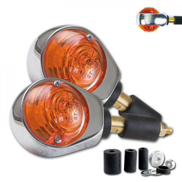 Ochsenaugen-Blinker | chrom | gelb Maße: 53mm x 48mm | 12V/21W Halogen | E-geprüft