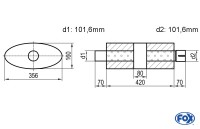 FOX Uni-Schalldämpfer oval Edelstahl 356x160mm, d1Ø/d2Ø 101,6mm, Länge 420mm FOX Uni-Schalldämpfer oval Edelstahl 356x160mm, d1Ø/d2Ø 101,6mm, Länge 420mm