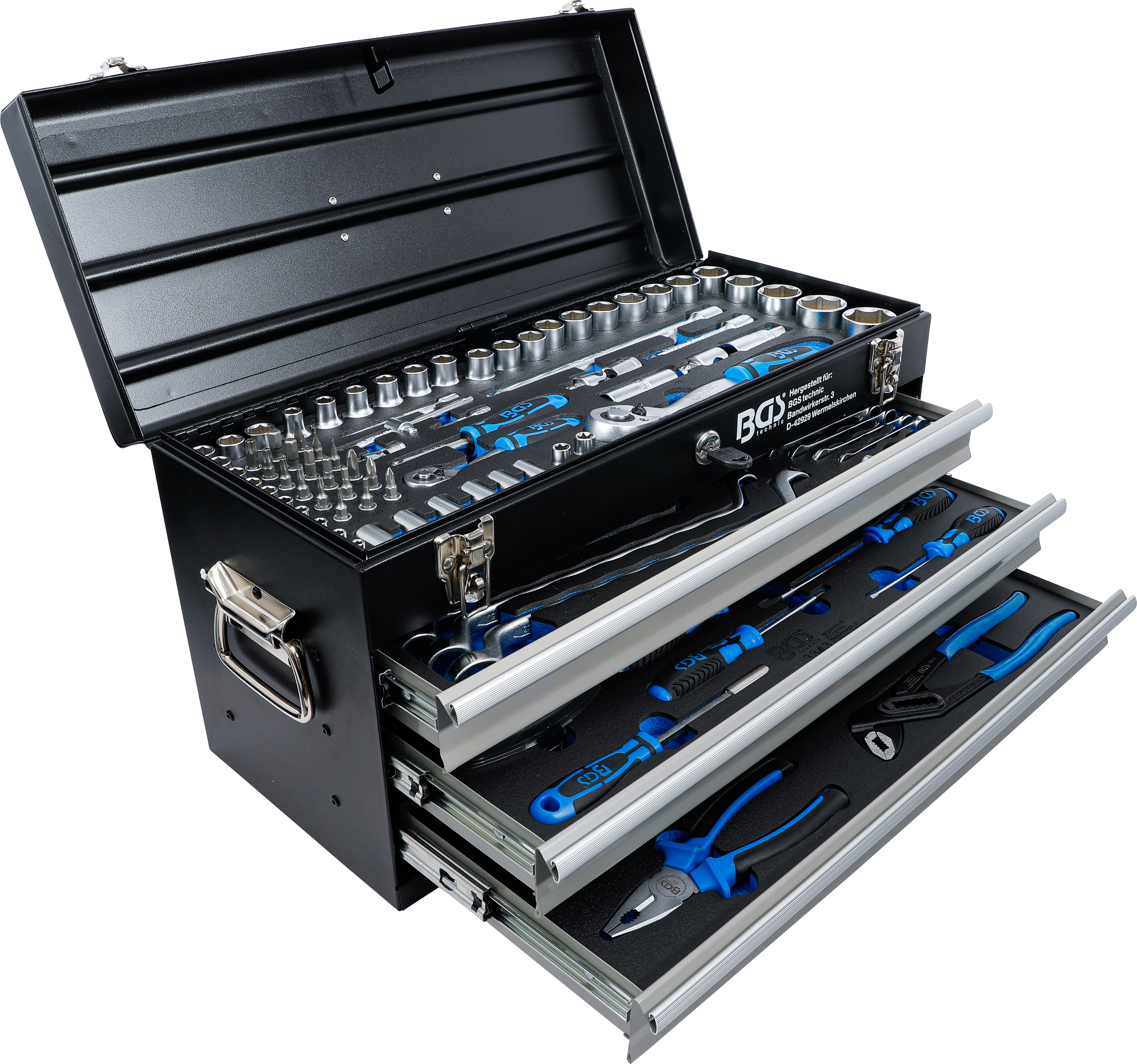 Metall-Werkzeugkoffer | 3 Schubladen | Werkstatt mit | Werkzeugsortimente Steckschlüsselsätze Werkzeugen | Werkzeugkoffer & 143 