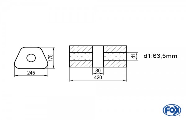Uni-Schalldämpfer trapez ohne Stutzen mit Kammer - Abw. 711 245x175mm, d1Ø 63,5mm, Länge: 420mm