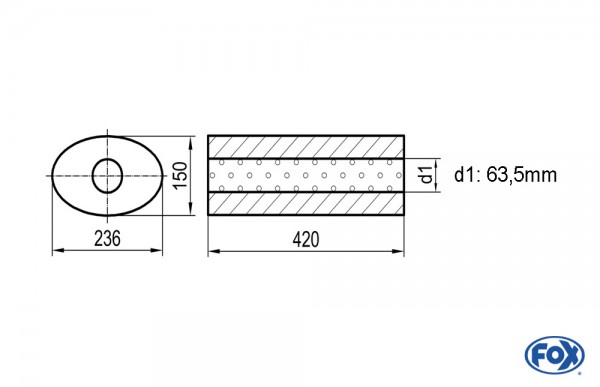 FOX Uni-Schalldämpfer oval ohne Stutzen - 236x150mm, Länge 420mm, Edelstahl