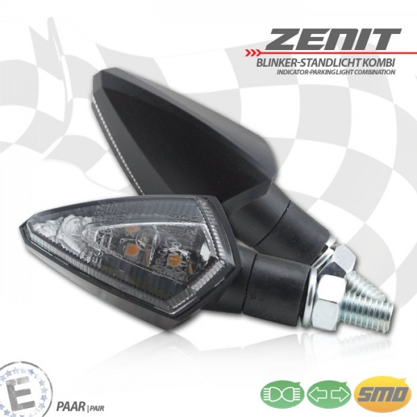 LED-Blinker Standlichtkombi "Zenit" | schwarz| ABS M8 | Paar | L 53x T30 x H27mm | getönt| E-geprüft