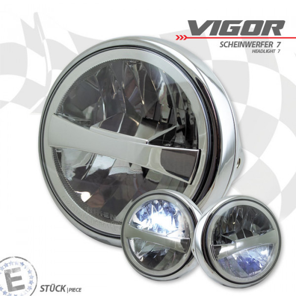LED-Scheinwerfer "Vigor" 7" | klar | chrom M8 seitlich | Klarglas | E-geprüft