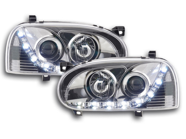 Scheinwerfer Set Daylight LED TFL-Optik VW Golf 3 Typ 1HXO 1EXO 91-97 chrom