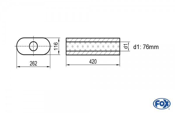 Uni-Schalldämpfer oval ohne Stutzen - Abwicklung 650 262x116mm, d1Ø 76mm, Länge: 420mm