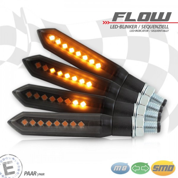 LED-Blinker "FLOW" | SEQ | schwarz | Alu | M8 getönt | Paar | L77 x T13 x H14 mm | E-geprüft
