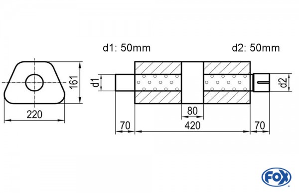FOX Uni-Schalldämpfer trapez mit Kammer + Stutzen aus Edelstahl