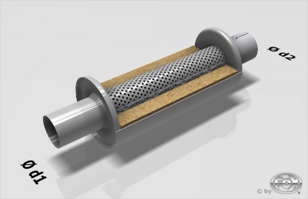 Uni-Schalldämpfer rund Edelstahl Ø114mm, Länge 250mm mit Stutzen Ø76mm