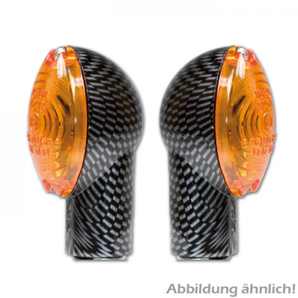 Micro-Blinker, Carbonlook, lang, gelbes Glas,* 12V/21W Halogen, E-geprüft, M10