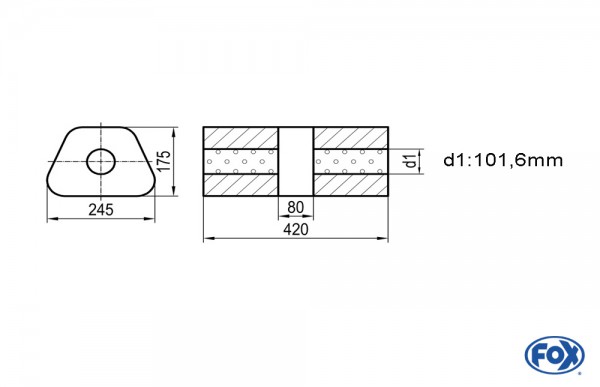 FOX Uni-Schalldämpfer trapez ohne Stutzen mit Kammer aus Edelstahl 245x175mm