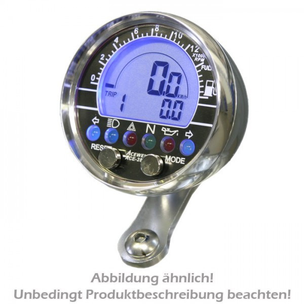 Multifunktionelles Digitalinstrument | alu-poliert Aufbau-Tacho Drehzahlmesser-Uhr