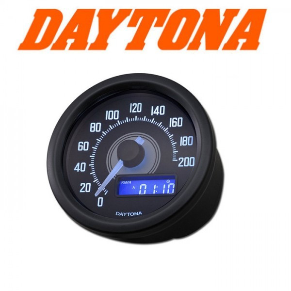 Daytona Digitalt. "Velona" | Ø 60mm | -200 km/h Tacho/Uhr/Voltanz./weiße Bel. | E-geprüft | schw.