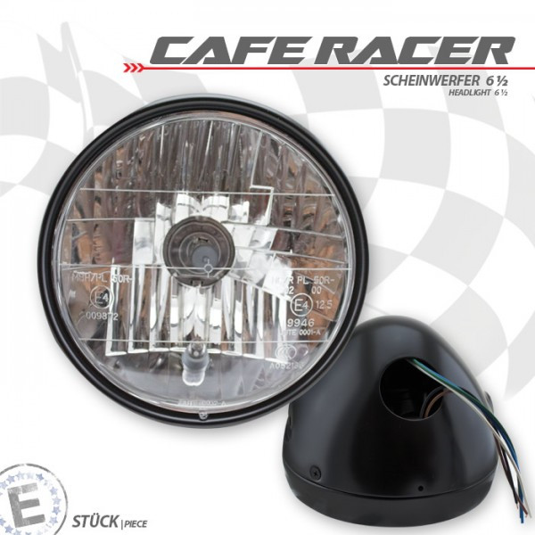 H4-Scheinwerfer "CafeRacer" 6,5 " | schwarz | klar | Standlicht 4W | seitlich M8 | E-geprüft