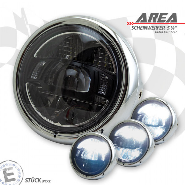 LED-Scheinwerfer "AREA" 5-3/4" | chrom M8 seitlich | Glas Ø=143mm | E-geprüft