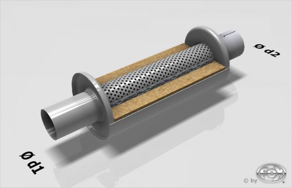 Uni-Schalldämpfer rund mit Stutzen - Abwicklung 355 Ø 114mm, d1Ø 55mm d2Ø 55,5mm, Länge: 250mm