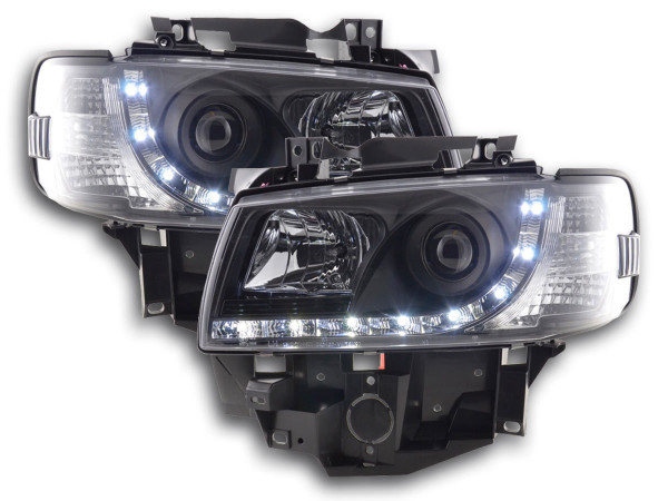 Scheinwerfer Set Daylight LED TFL-Optik VW Bus Typ T4 96-03 schwarz für Rechtslenker