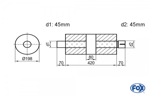 FOX Uni-Schalldämpfer rund mit Kammer und Stutzen – Edelstahl 198mm Ø