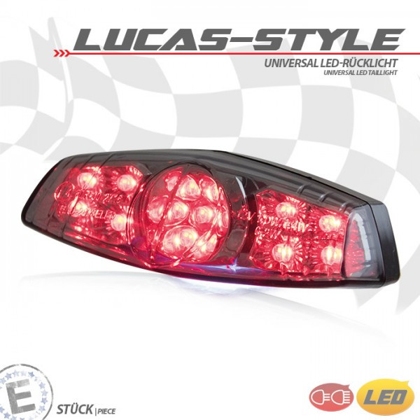 LED-Rücklicht "Lucas-Style" | getönt | mit KZB Maße: H 35 x B 110mm | Bolzenabstand: M5 x 80,5mm