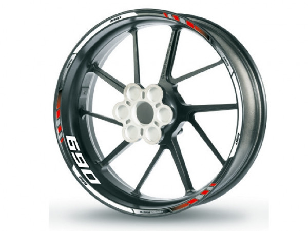 Felgenrandaufkleber passend für KTM 690 rot-weiß-schwarz