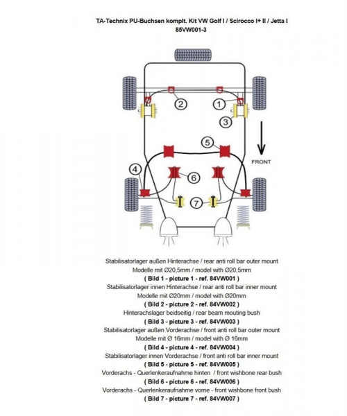 TA Technix PU-Buchsen Kit 26-teilig, VA+ Hinterachse passend für VW Golf I / Scirocco I+ II / Jetta