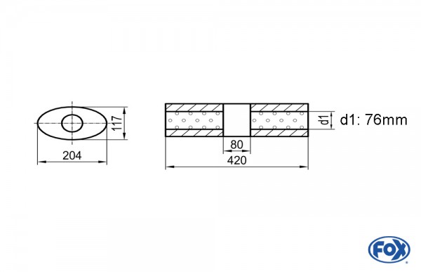 FOX Uni-Schalldämpfer Oval ohne Stutzen mit Kammer – Edelstahl 204x117mm, Länge 420mm