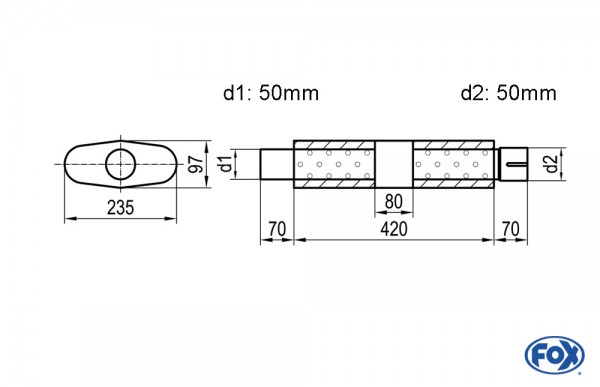 FOX Uni-Schalldämpfer oval Edelstahl 235x97mm, Länge 420mm