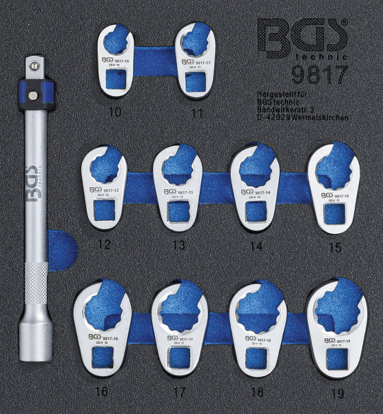 Werkstattwageneinlage 1/6: Hahnenfußschlüssel-Satz | SW 10 - 19 mm | 10 mm (3/8") | 11-tlg.