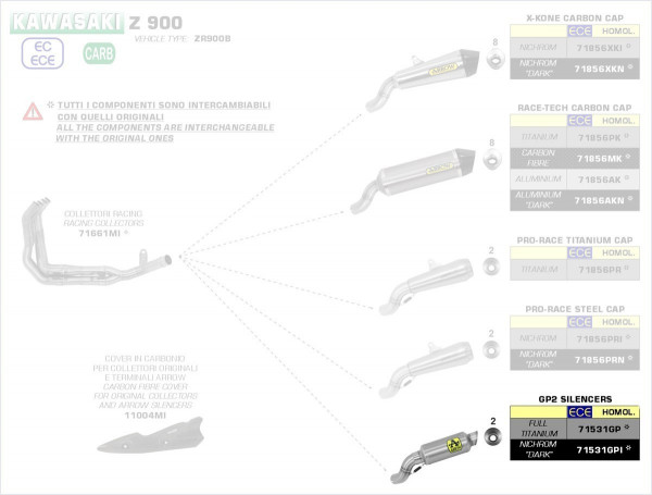 Arrow GP2 Silencers Kit Kawasaki Z 900 17-19